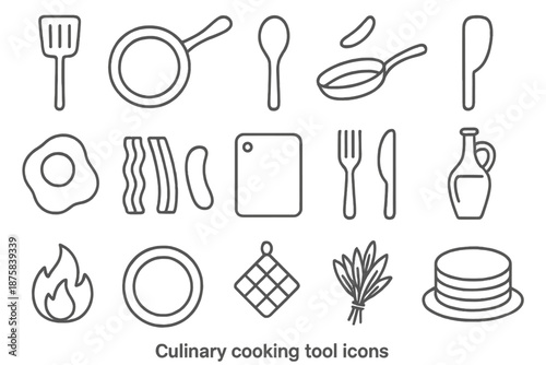 Culinary Tools Icons. Line style icons of Culinary Cooking Tools: spatula, frying pan, skillet handle, wooden spoon, flipping