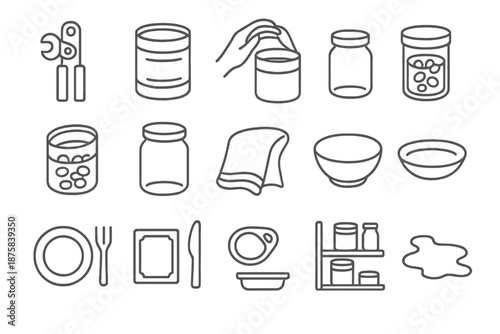 Food Prep Icons. Line style icons of Food Prep and Storage: can opener, tin can, lid lift, hand grip, canned peas, canned beans,