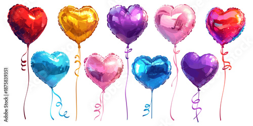 Cartoon heart shaped balloon set. Glossy love gift valentine's day party decoration, pink, red, golden romantic helium balloons with ribbons vector illustration