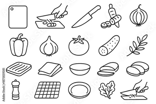 Food Preparation Icons. Line style icons of Food Preparation Set: cutting board, chopping motion, chef knife, sliced carrot, onion