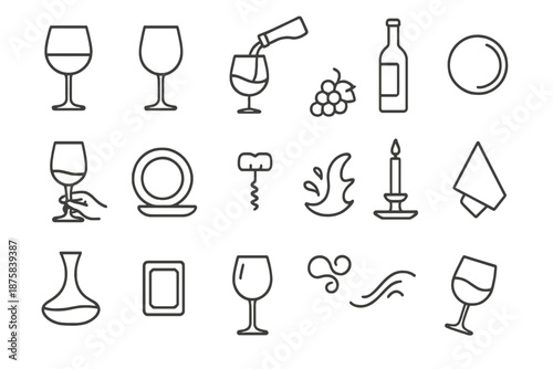 Wine Tasting Icons. Line style icons of Wine Tasting Set: red wine glass, stemware, wine pour, wine bottle, coaster, hand hold,