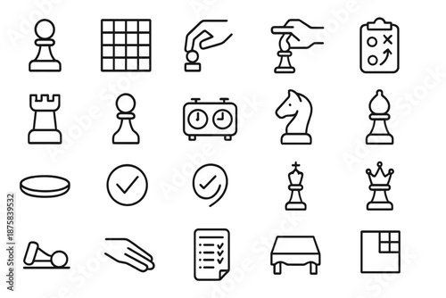 Chess Strategy Icons. Line style icons of Chess Strategy Set: chess pawn, chessboard, hand move, strategy, opponent piece, chess