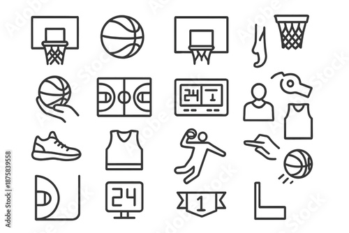Basketball Game Icons. Line style icons of Basketball Game Set: basketball hoop, ball, backboard, net, hand hold, court line,