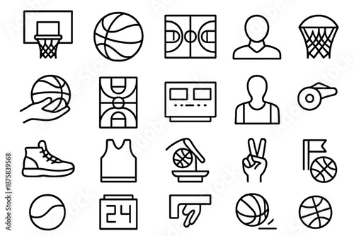 Basketball Icon Set. Line style icons of Basketball Court Set: basketball hoop, ball, backboard, net, hand hold, court line,