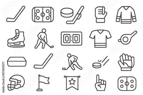 Hockey Match Icons. Line style icons of Hockey Match Set: hockey stick, ice rink, puck, hand hold, goal net, skates, player