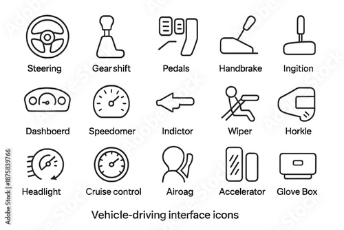 Vehicle Interface Icons. Line style icons of vehicle driving interface: Steering Wheel, Gear Shift, Pedals, Handbrake, Dashboard,