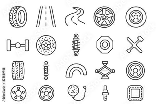 Driving Components Icons. Line style icons of driving components: Tire, Road, Track, Rim, Hubcap, Axle, Brake Disc, Suspension,