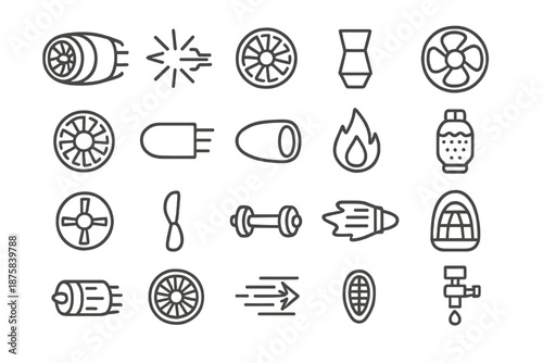 Aerospace Propulsion Icons. Line style icons of aerospace propulsion: Jet Engine, Thrust, Turbine, Nozzle, Fan, Compressor,