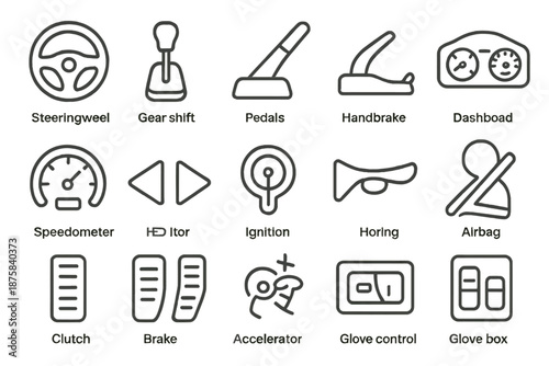 Car Essentials Icons. Line style icons of car driving essentials: Steering Wheel, Gear Shift, Pedals, Handbrake, Dashboard,