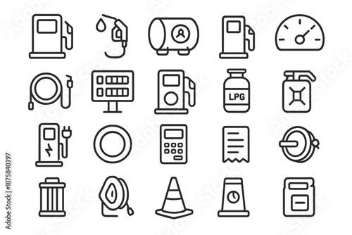 Fuel Station Icons. Line style icons of vehicle fueling: Gas Pump, Fuel Nozzle, Tank, Fuel Gauge, Hose, Price Display, Diesel Pump