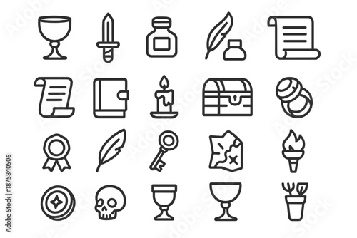 Medieval Writing Tool Icons. Line style icons of medieval writing tools: Goblet, Dagger, Ink, Quill, Scroll, Book, Candle,