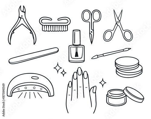Line art manicure set featuring essential nail care tools and products for beauty services