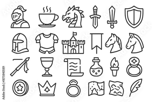 Fantasy Adventure Icons. Line style icons of fantasy adventure: Knight, Teacup, Dragon, Sword, Shield, Helmet, Armor, Castle,