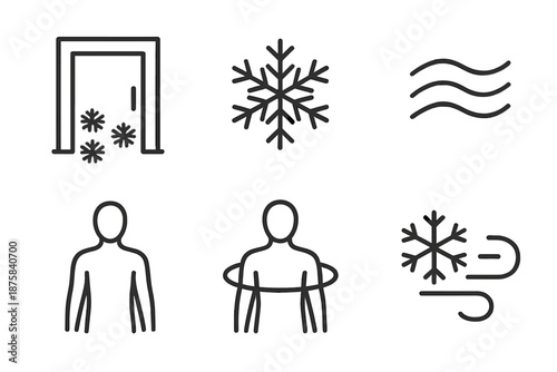 Low-Temperature Treatment Icons. Line vector icons of a low-temperature treatment unit: cold chamber frame, ice flake, cooling
