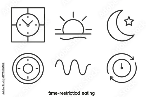 Time-Restricted Eating Icons. Line vector icons of time-restricted eating: clock window, sunrise cue, evening moon, meal gap ring,