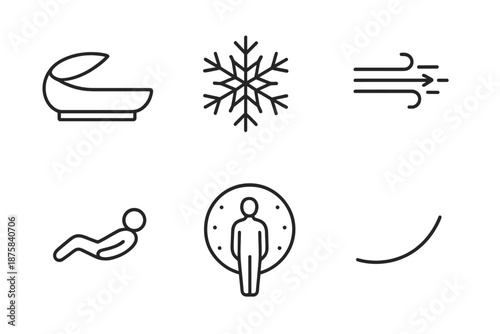 Freezing Wellness Pod Icons. Line vector icons of a freezing wellness pod: cold pod shape, snow crystal, cooling airflow, calm