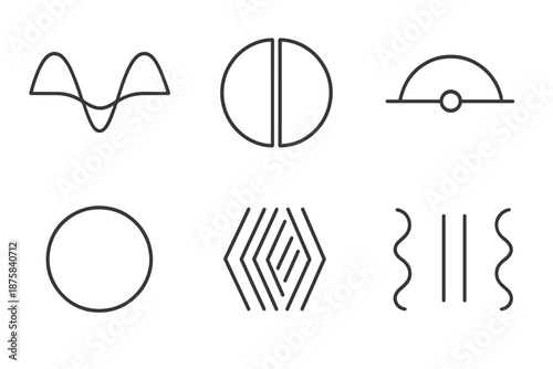 Quantum State Icons. Line vector icons of quantum state overlap: intersecting waves, split sphere, phase shift arc, probability