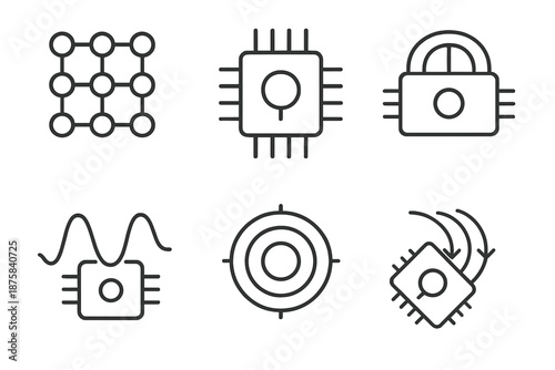 Quantum Processing Icons. Line vector icons of advanced quantum processing: qubit lattice, minimal classical form, high-efficiency