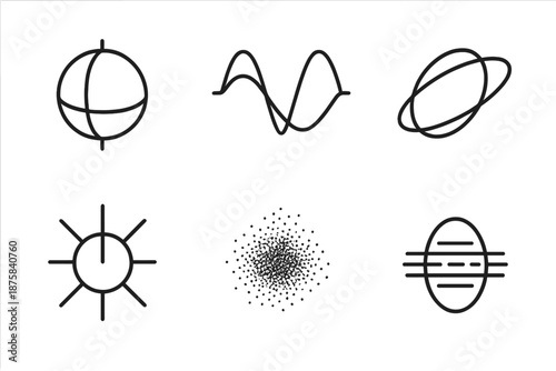 Qubit Superposition Icon. Line vector icons of a qubit in superposition: dual-state sphere, overlapping wave arcs, quantum ring,
