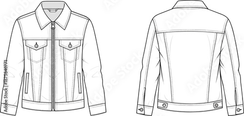 Denim jacket technical sketch, front and back view, fashion flat drawing, garment blueprint, cad illustration, vector template, clothing design