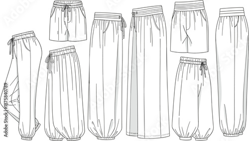 Women pants and shorts collection design, elastic waist bottoms, technical flat sketch set, multiple styles, cad drawing flat vector illustration