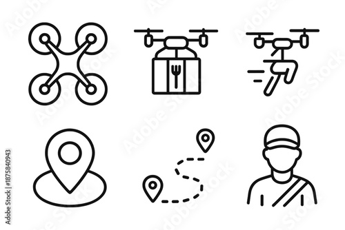 Drone Courier Icons. Line vector icons of drone-based courier service: rotor frame, food package, motion arc, GPS ring, navigation