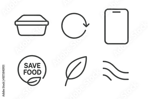 Food Waste Reduction Icons. Line vector icons of a food-waste reduction app: leftover box outline, circular reuse arc, app screen
