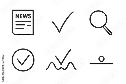 Reliable News Icons. Line vector icons of reliable news validation: headline block, checkmark curve, inspection lens, authenticity