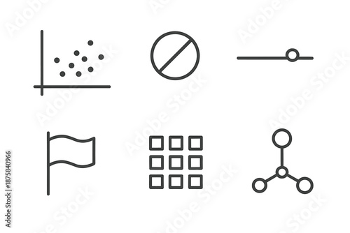 Anomaly Detection Icons. Line vector icons of anomaly-based fake spotting: clustered dots chart, single outlier mark, threshold