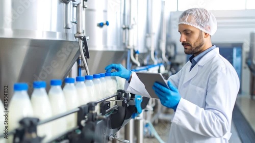 Worker Inspects Bottled Milk on Conveyor Belt.