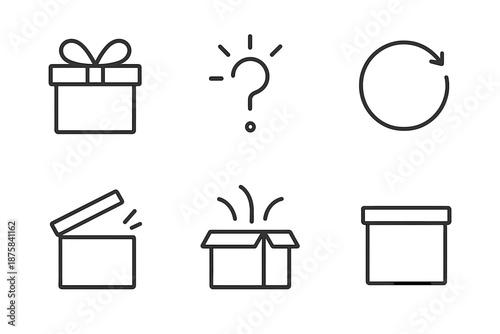 Mystery Box Icons. Line vector icons of a monthly surprise box: gift box outline, mystery spark, monthly cycle ring, reveal arc,