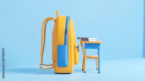 Yellow backpack with school desk, and blue background.