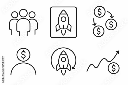 Collective Startup Funding Icons. Line vector icons of collective startup funding: group icons, rocket frame, coin flow line,
