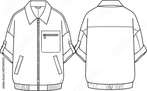 Short sleeve technical jacket sketch, front and back view, fashion flat drawing, garment blueprint, cad illustration, vector template, apparel design