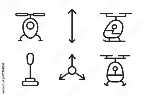 Single-User Flight Craft Icons. Line vector icons of single-user flight craft: compact body, lift rotors, cockpit mark, vertical
