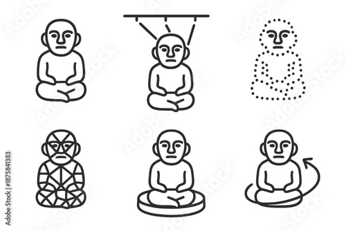 Volumetric Scan Icons. Line vector icons of volumetric scan of an artifact: relic figure, laser sweep, point layer, structured