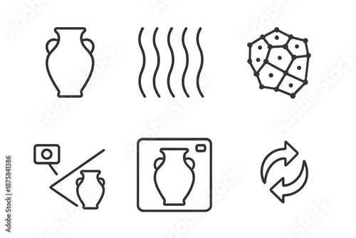 Heritage Digitization Icons. Line vector icons of heritage item 3D digitization: artifact silhouette, structured light bars, mesh