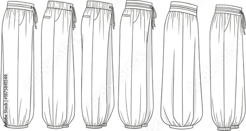 Jogger pants technical sketch, front side back view, fashion flat drawing, garment blueprint, cad illustration, vector template, apparel design