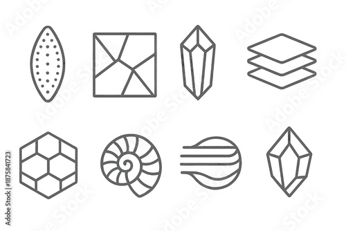 Silica Linguistics Icons. Line style icons of silica-based linguistics: diatom shape, glassy pattern, crystalline glyph, layered
