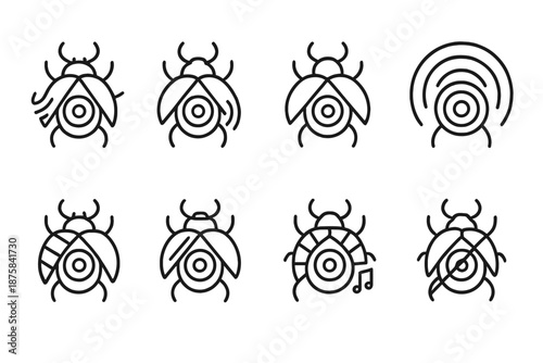 Wing-Case Sound Icons. Line style icons of wing-case sound systems: beetle outline, folded wings, vibration lines, echo arc, sound