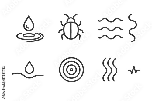 Bug Secretion Waves. Line style icons of bug secretion waves: droplet ripple, bug outline, wave motion, organic path, secretion