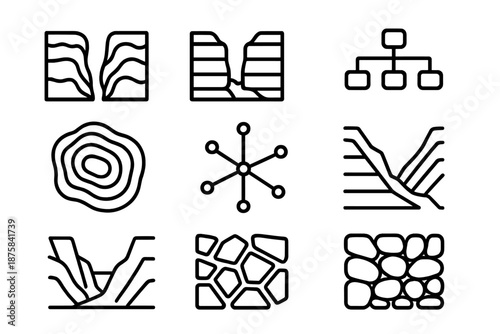 Ravine Organization Tools Icons. Line style icons of ravine organization tools: split terrain, structured gorge, flow chart lines,