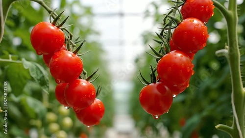 cherry tomatoes on vines in greenhouse for agricultural blogs, organic farming websites, healthy cooking articles, supermarket catalogs and botanical education, on bokeh background