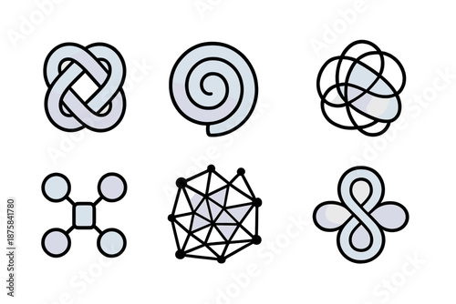 Opalescent Puzzle Icons. Line style icons of opalescent puzzle centers: pearly knot, light swirl, curved maze, glowing tangle,