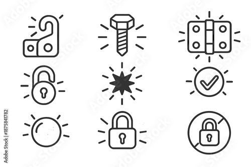 Illuminated Safety Fasteners. Line style icons of illuminated safety fasteners: glowing catch, polished bolt, shining hinge,