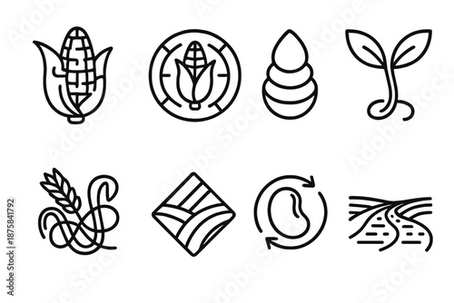 Enigmatic Agriculture Icons. Line style icons of enigmatic agricultural forms: husk puzzle, grain maze, layered seed, paradox