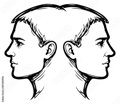 Hand drawn line art illustration of two male profiles depicting duality for conceptual design