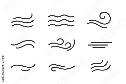 Air Current Icons. Line style icons of soft air current signals: curved flow, layered ripple, gentle gust, airy swirl, smooth
