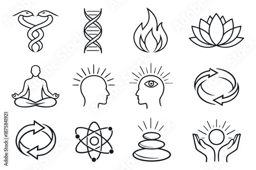 Hand drawn line art concept icons set featuring symbols of science, spirituality, and well-being for holistic health and balance
