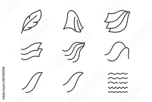 Fold Markings Icons. Line style icons of airy fold markings: curved feather contour, soft ridge, layered pleat, flowing ripple,